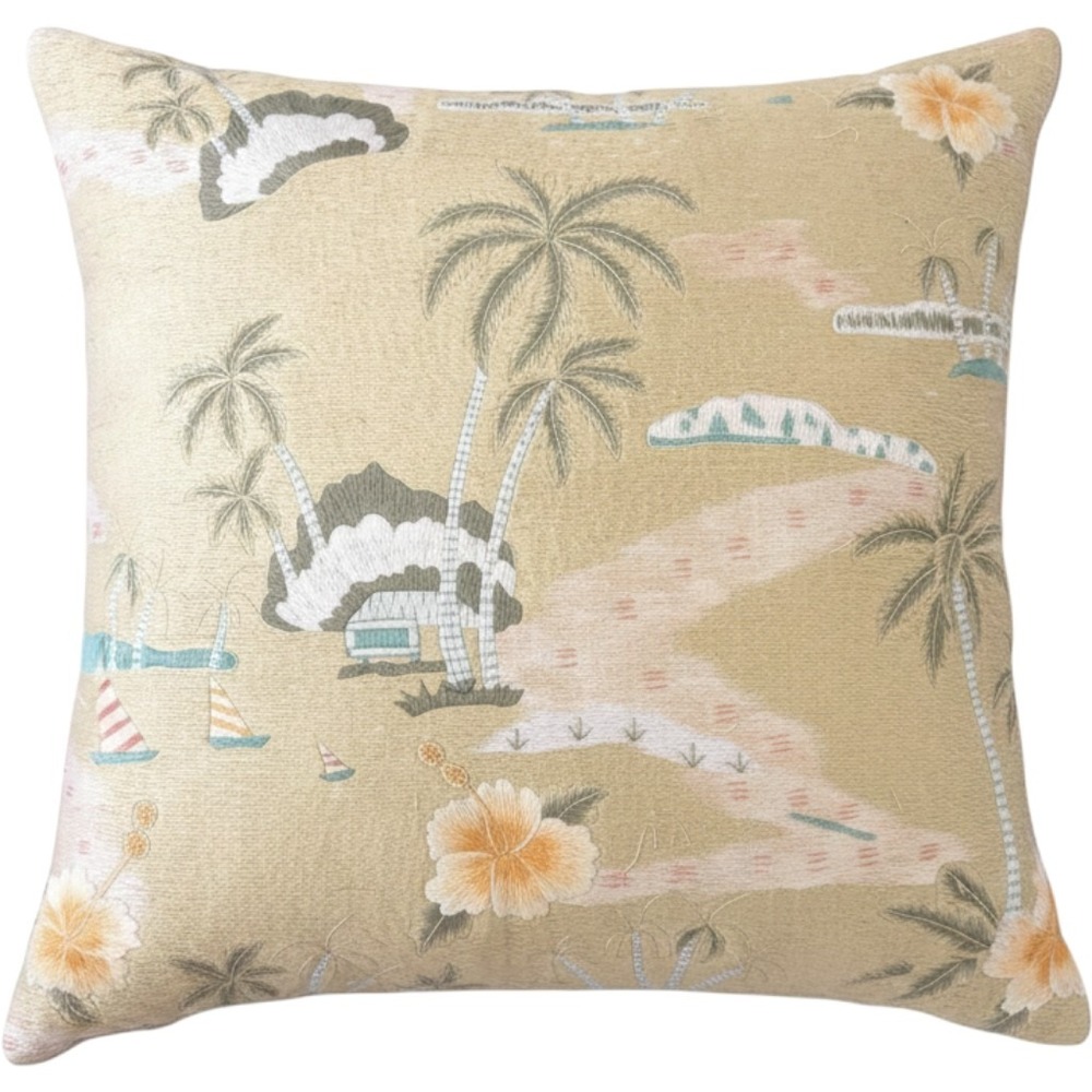 Tommy Bahama Embroidered Tropical Palm Tree Sailboat Throw Pillow Tan 18x18